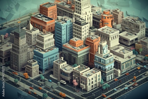 A contemporary urban metropolis presented in isometric 3D art. Generative AI