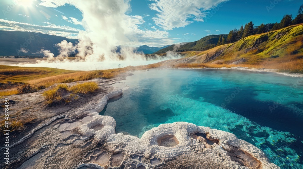 a body of water surrounded by a lush green hillside and a blue body of water with steam coming out of the top of the water and a hill in the distance. a body of water surrounded by a lush green hillside and a blue body of water with steam coming out of the top of the water and a hill in the distance.