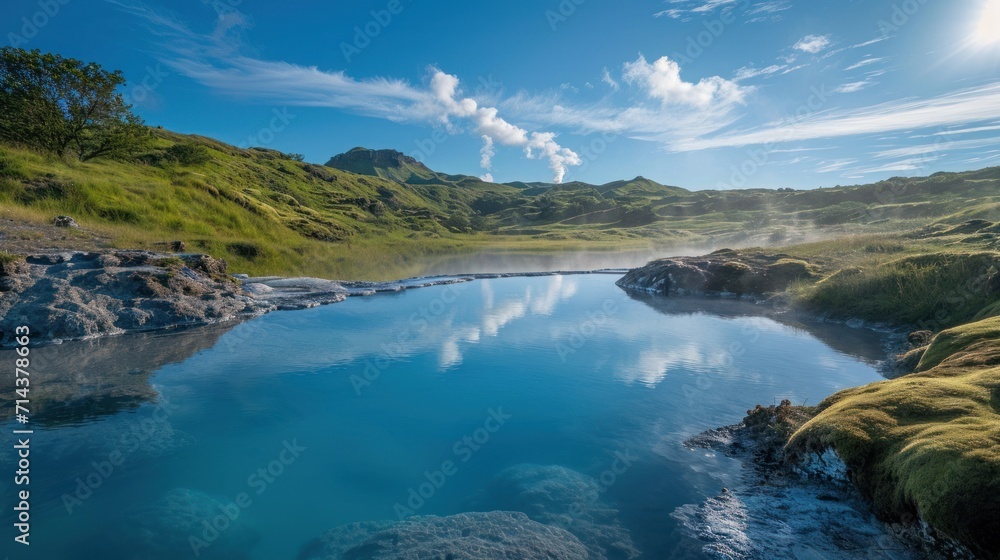  a large body of water surrounded by lush green hills and a blue sky with a few clouds in the middle of the picture, surrounded by green grass and rocks.