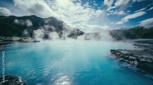  a body of water with steam rising from the water and a mountain in the distance with clouds in the sky and a body of blue water in the foreground.
