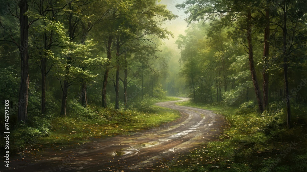 a painting of a dirt road in the middle of a forest with lots of trees on both sides of the road and a puddle in the middle of the road. a painting of a dirt road in the middle of a forest with lots of trees on both sides of the road and a puddle in the middle of the road.