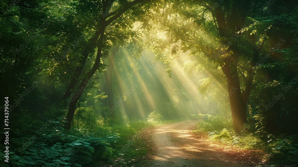a dirt road in the middle of a forest with sunbeams shining through the trees on either side of the road is a dirt path that runs through the woods. a dirt road in the middle of a forest with sunbeams shining through the trees on either side of the road is a dirt path that runs through the woods.