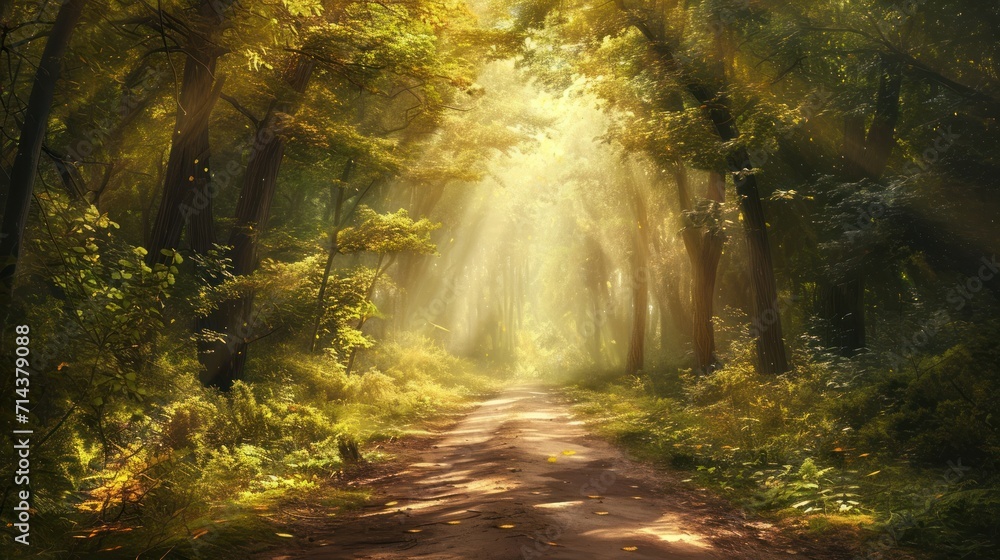 a dirt road in the middle of a forest with sunbeams shining through the trees on either side of the road is a dirt road that leads to a forest with lots of trees on both sides. a dirt road in the middle of a forest with sunbeams shining through the trees on either side of the road is a dirt road that leads to a forest with lots of trees on both sides.