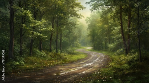  a painting of a dirt road in the middle of a forest with lots of trees on both sides of the road and a puddle in the middle of the road. © Anna