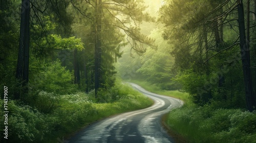  a painting of a road in the middle of a forest with trees on both sides of the road and the sun shining through the trees on the other side of the road. photo