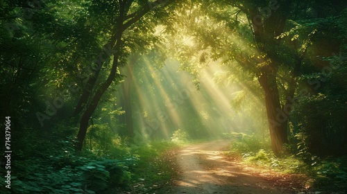  a dirt road in the middle of a forest with sunbeams shining through the trees on either side of the road is a dirt path that runs through the woods. © Anna