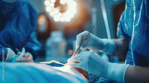 Close up of surgeon in sterile gloves getting ready medical instruments. Female patient with marks on skin lying on medical bed while doctor preparing tools. Concept of plastic surgery preparation. photo
