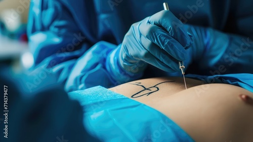 plastic surgeon marking womans body for surgery photo