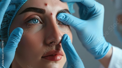 plastic surgery  beauty  Surgeon or beautician touching woman face  surgical procedure that involve altering shape of nose  doctor examines patient nose before rhinoplasty  medical assistance  health