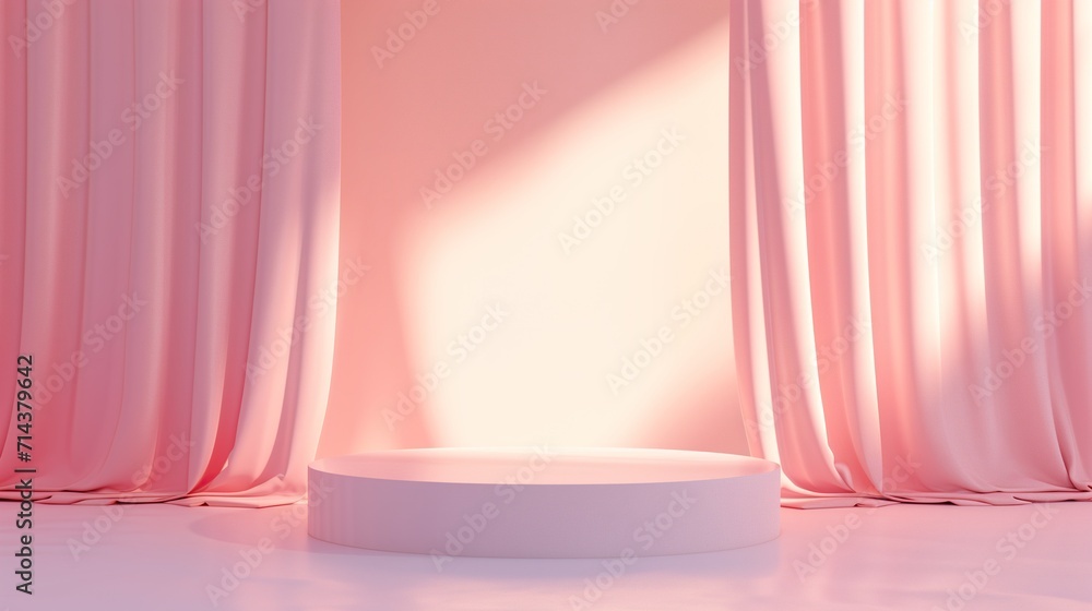 3d podium with curtain background. Colors of pink