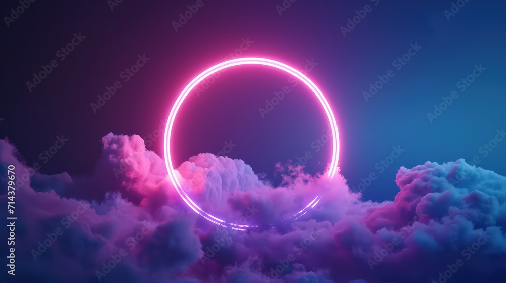 3d render, abstract neon background with illuminated cloud and round geometric arch. Mystical foggy scene
