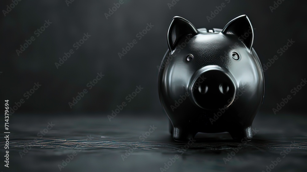 Black ceramic piggy bank. Saving money, investment, financial growth concept. Financial planning for the future. 3D rendering. - obrazy, fototapety, plakaty 