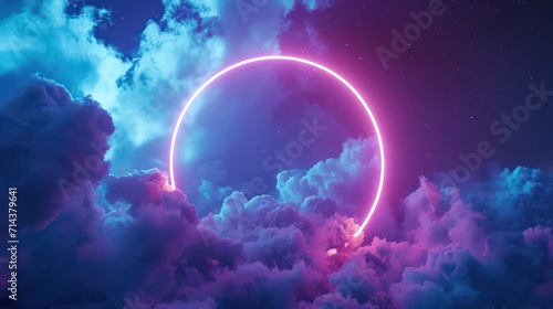 3d render, abstract geometric background of colorful illuminated cloud and glowing neon linear circle