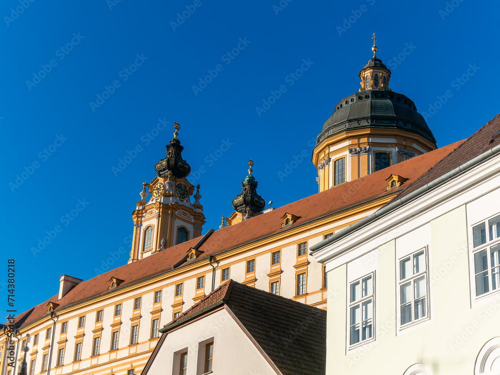 View on the interior and exterior of the Melk abbey and the Melk town in Lower Austria