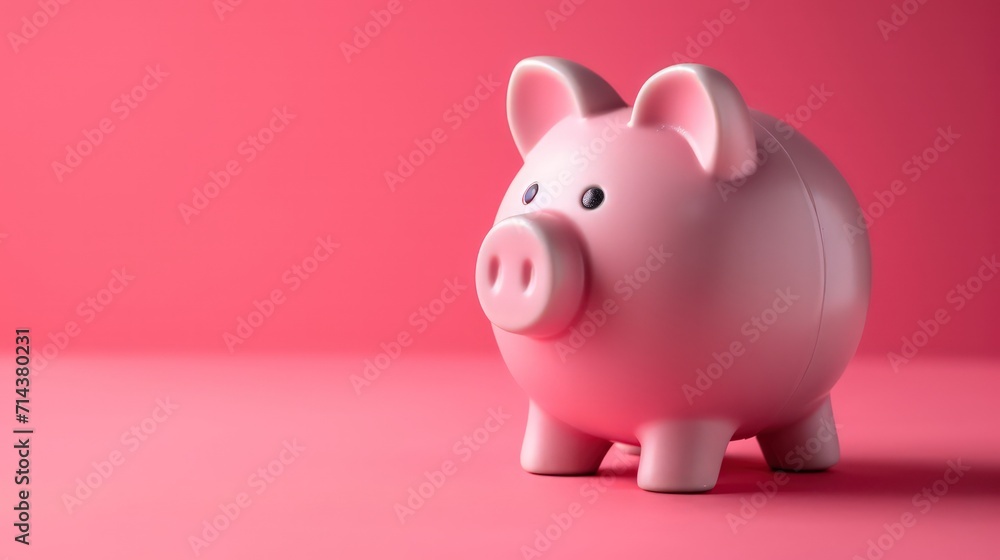Piggy bank. Realistic 3d illustration. Moneybox for advertising sale. Investment income, real estate banking. Pink pig toy on pink background.