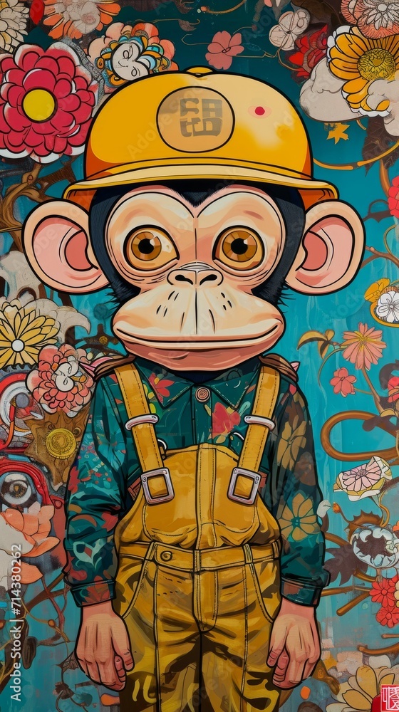 Monkey With Hard Hat Painting, A Portrait of a Cap-Wearing Primate