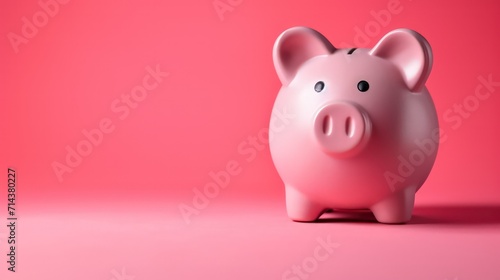 Piggy bank. Realistic 3d illustration. Moneybox for advertising sale. Investment income, real estate banking. Pink pig toy on pink background. photo