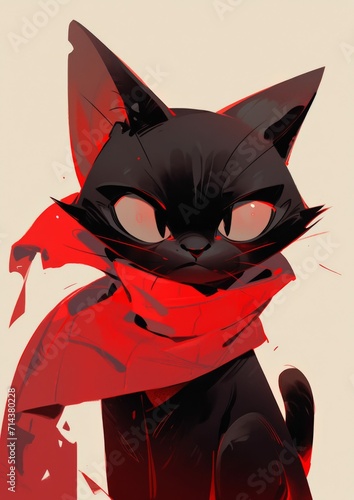 Black Cat With Red Scarf  A Striking Image of a Feline Fashion Statement