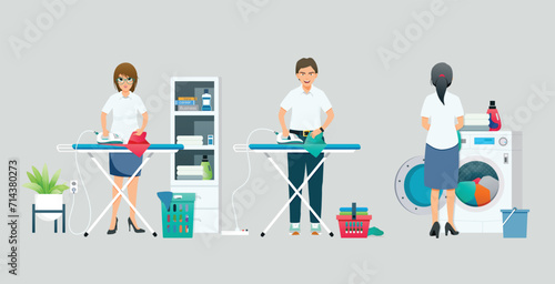 The butler and housekeeper are ironing clothes.