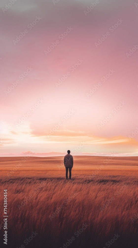 Lone Man Standing in Field at Sunset