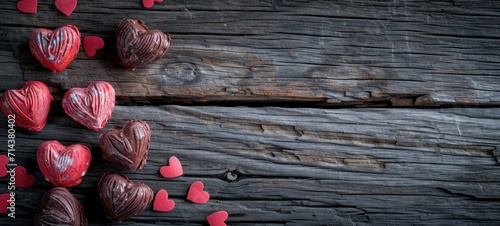 Chocolate with ribbon and three candy hearts on St. Valentine's day love. Old wooden background closeup