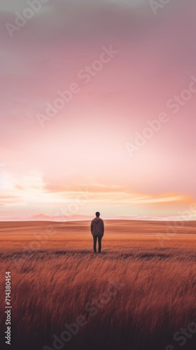 Lone Man Standing in Field at Sunset