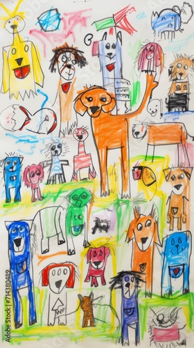 Childs Drawing of a Group of Dogs  Adorable  Colorful Illustration of Several Canines