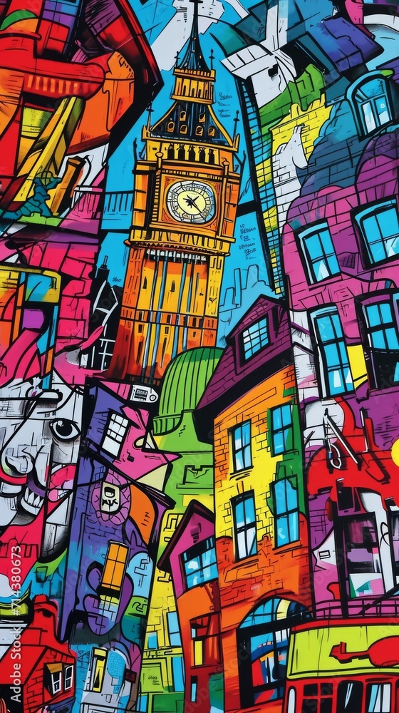 Painting of City With Clock Tower, Urbanscape Artwork
