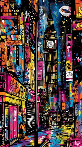 Cityscape Painting With Clock Tower, Urban Artwork