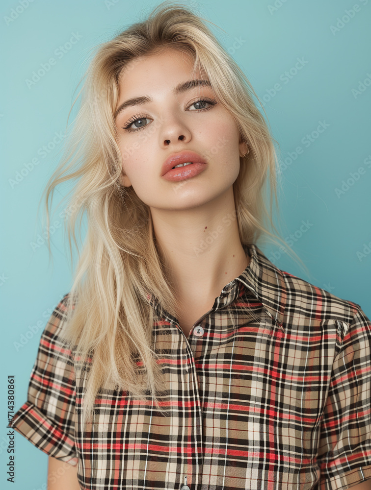 Blonde woman in plaid shirt, photo model, studio lighting, studio color background Blonde woman in plaid shirt, photo model, studio lighting, studio color background