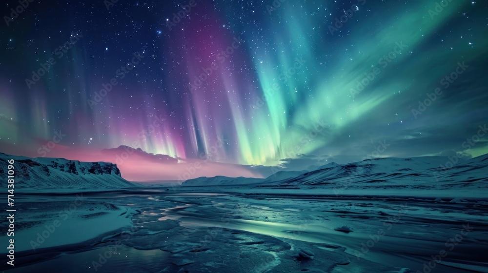  an aurora bore is seen in the sky above a frozen river and snowy mountains in the foreground, with a bright green and purple aurora bore in the middle of the sky.