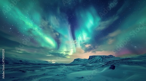  a person standing on a snow covered hill under a sky filled with green and purple aurora bores in the sky above a snow covered mountain range in the foreground. © Anna