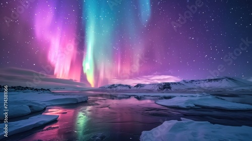  a purple and green aurora bore is in the sky above a body of water with ice on the ground and snow on the ground, and snow on the ground. photo
