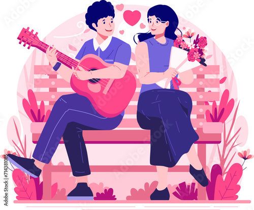 A Young Man in Love Sitting on a Park Bench Is Playing Guitar for His Girlfriend. Happy Romantic Couple in Relationship Celebrate Valentine’s Day