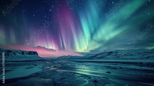  an aurora bore is seen in the sky above a frozen river and snowy mountains in the foreground  with a bright green and purple aurora bore in the middle of the sky.