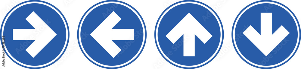 Bundle set of round circle blue direction sign, in isolated white Bundle set of round circle blue direction sign, in isolated white