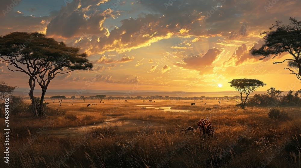  a painting of a sunset over a field with trees and a body of water in the foreground and a couple of giraffes in the foreground.