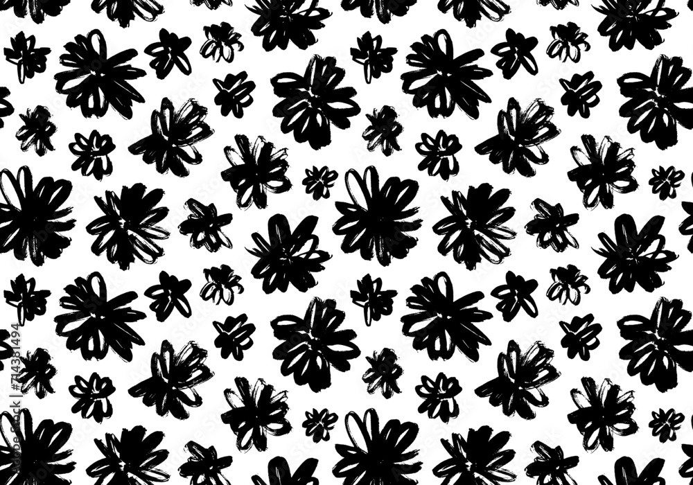 Abstract hand drawn flowers seamless pattern. Chamomile or daisy black silhouettes. Graphic brush drawn botanical pattern. Simple sketch flowers. Black silhouettes of spring camomile.