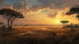  a painting of a sunset over a field with trees and a body of water in the foreground and a couple of giraffes in the foreground.