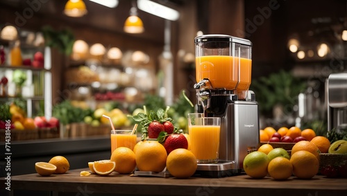 A modern juice machine in a vibrant environment, exuding an atmosphere of dynamic energy and healthy goodness with fresh fruit on wooden table