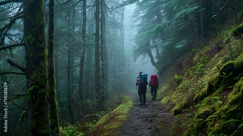 Two Hikers on path in forest, fog