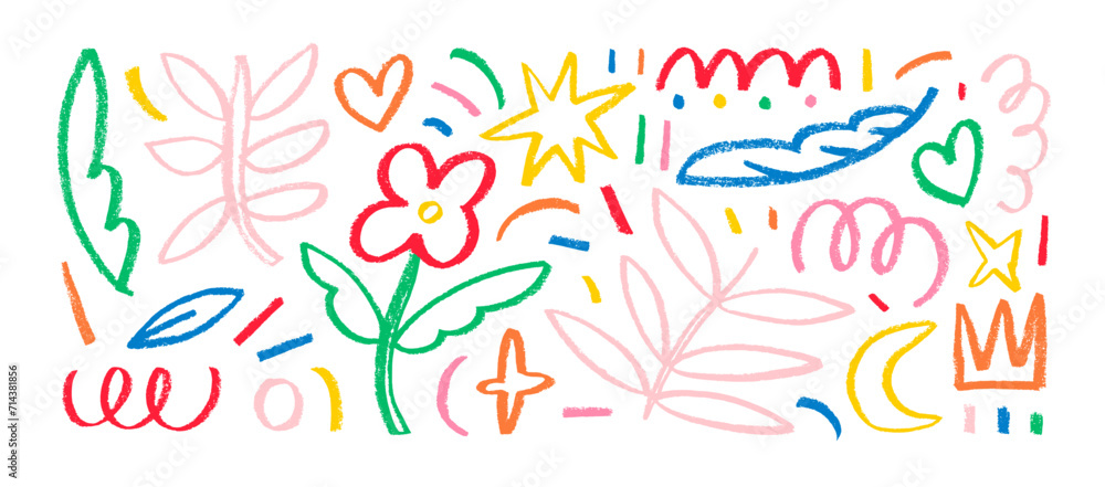 Colorful charcoal doodle shapes and hand drawn elements collection. Pencil flowers, crowns, stars and speckles. Colorful charcoal doodle shapes and hand drawn elements collection. Pencil flowers, crowns, stars and speckles.