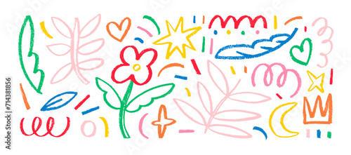 Colorful charcoal doodle shapes and hand drawn elements collection. Pencil flowers, crowns, stars and speckles.