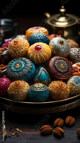 indian sweets in a plate includes gulab jamun, rasgulla, kaju katli, morichoor or bundi laddu, gujiya or karanji photo