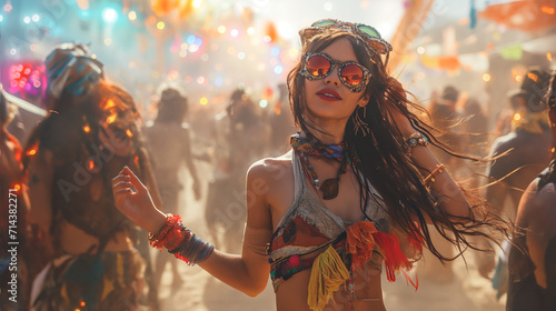 Carnival, festival and party. Stylish woman dancing at a music festival with vibrant lights photo