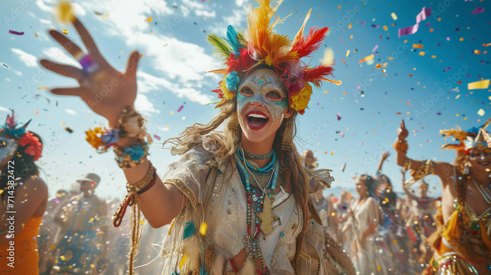 Carnival, festival and party. Joyful woman in carnival mask at a festive parade with confetti. - obrazy, fototapety, plakaty 