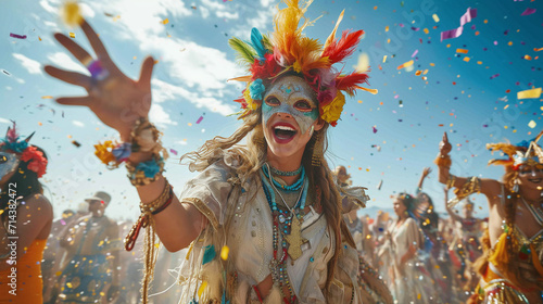 Carnival, festival and party. Joyful woman in carnival mask at a festive parade with confetti. photo