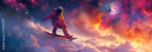 Colorful space scene with a person riding a skateboard. Skateboarding in the cosmos, colorful clouds photo