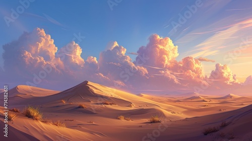  a painting of a desert scene with clouds in the sky and sand dunes in the foreground, and grass in the foreground, and bushes in the foreground.