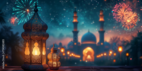 Ramadan Kareem and Eid Mubarak. Illustration for background or banner. Ramadan lanterns with a mosque and fireworks in the backdrop  perfect for a festive